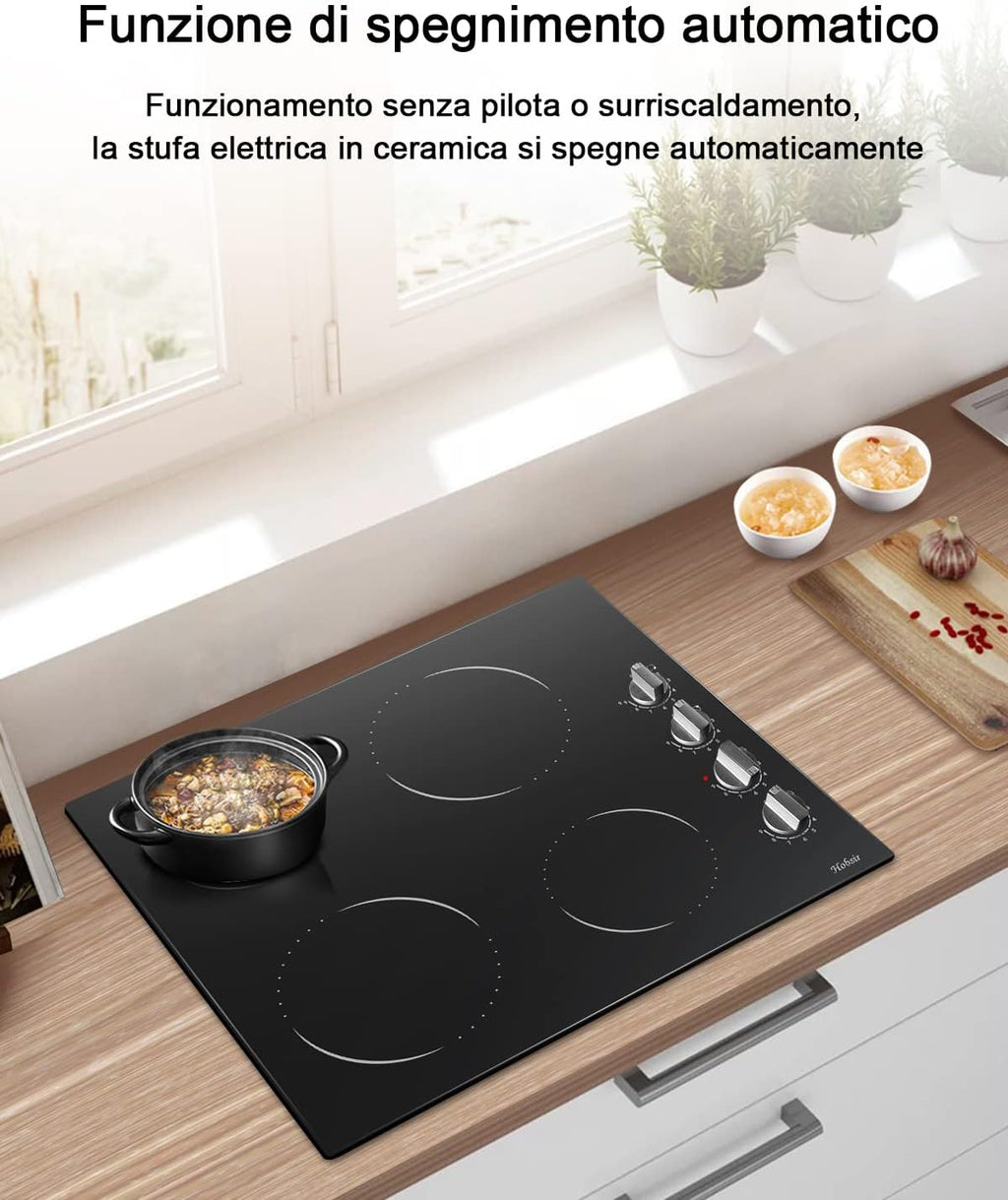 Piano cottura in vetroceramica a 4 zone, sensore touch, controllo autonomo, 60cm, 6000W, 9 livelli di potenza, cablato, senza spina