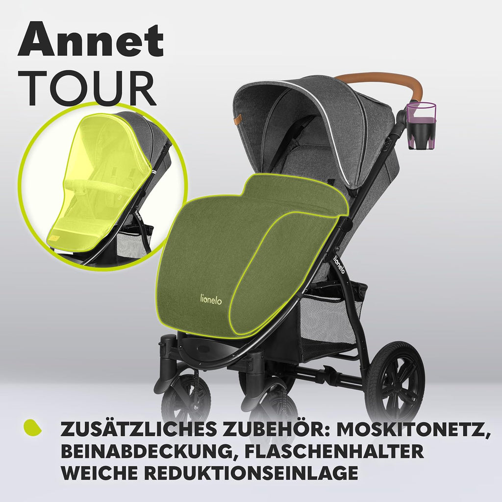 LIONELO Annet Tour Kinderwagen bis 22 kg, verstellbarer Griff, zusammenklappbar, verstellbare Rückenlehne bis zur Liegeposition, wartungsfreie Räder, XXL-Verdeck, 5-Punkt-Gurt, Einkaufskorb