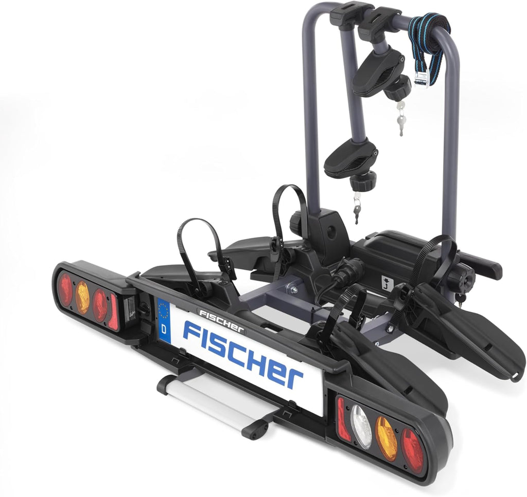 Fischer Portabici da Gancio Traino Proline Evo 2, per 2 biciclette fino a 60 kg di carico utile, adatto per e-bike, preassemblato, con serratura, pieghevole