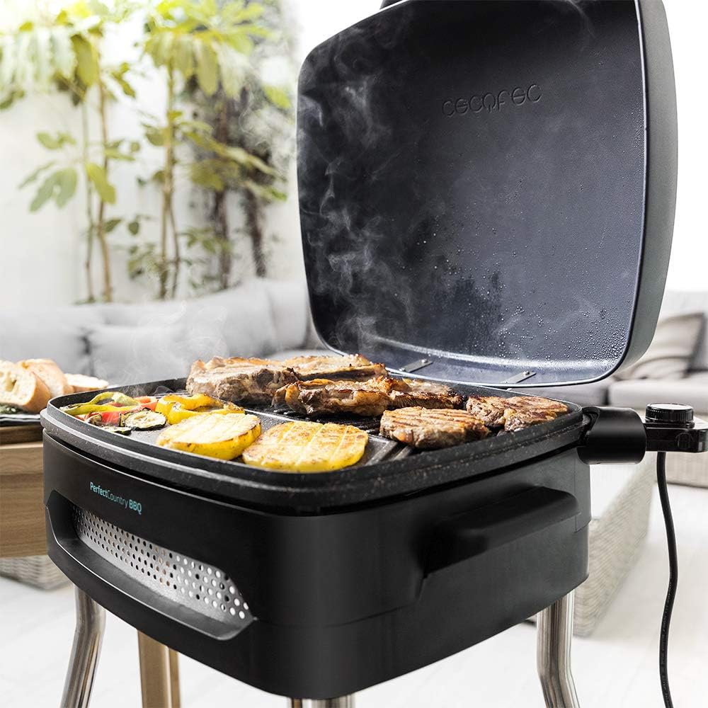 Cecotec Elektrischer Grill Perfect Country 2000 EasyMove. 2000 W, Mix- und Antihaft-Oberfläche, klappbarer Deckel, einstellbares Thermostat, Fettauffangschale, Stahlbeine und Räder