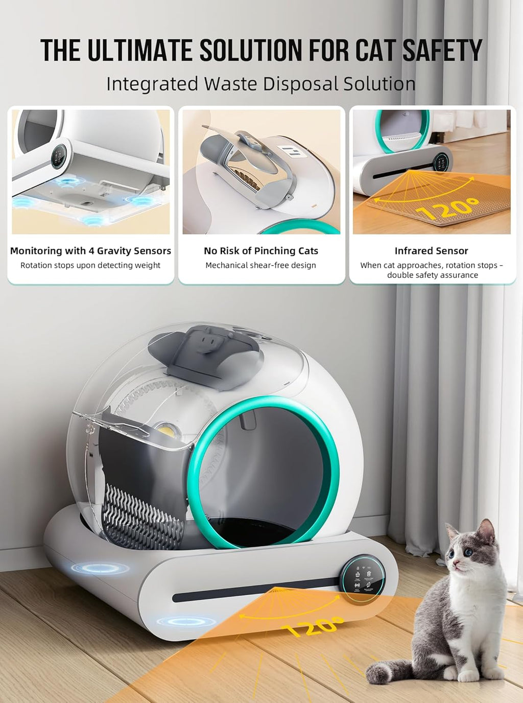 Selbstreinigende Katzentoilette, Automatische Katzentoilette mit Matte und Einlagen, 65 l + 9 l große Kapazität, Selbstreinigende Katzentoilette, App-Steuerung/Geeignet für mehrere Katzen – Grau