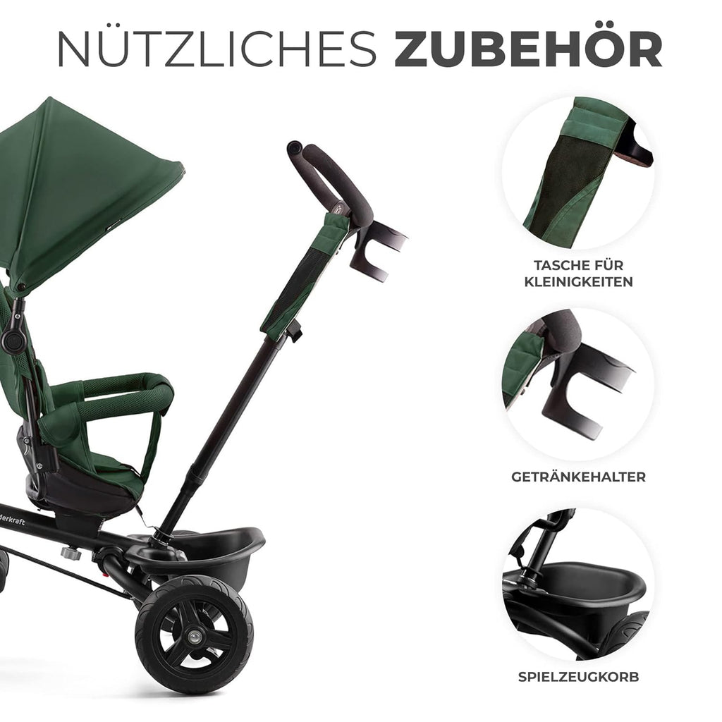 Kinderkraft AVEO Dreirad ab 9 Monate bis 25 kg, Kinderdreirad mit schubstange, Kompakte zusammenklappen, drehbarer Sitz, ausklappbarem Verdeck mit sonnenschutz, Getränkehalter korb im set, Rosa