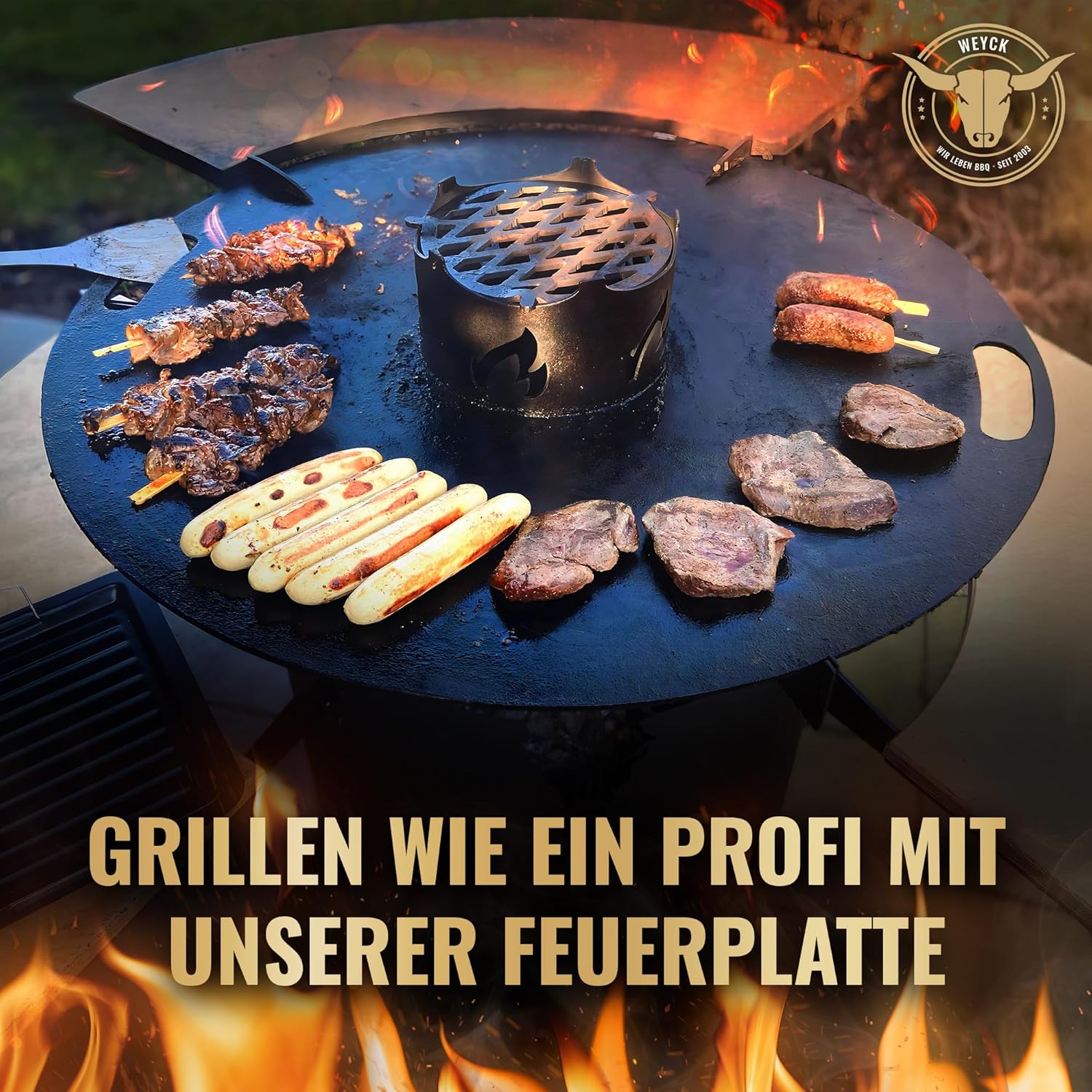 Piastra per barbecue a sfera Maniglie 90 cm, 5 mm di spessore #921 – INCL. inserto per griglia, piastra per braciere e ciotola antincendio, massiccia piastra in acciaio Plancha anello per barbecue e Teppanyaki