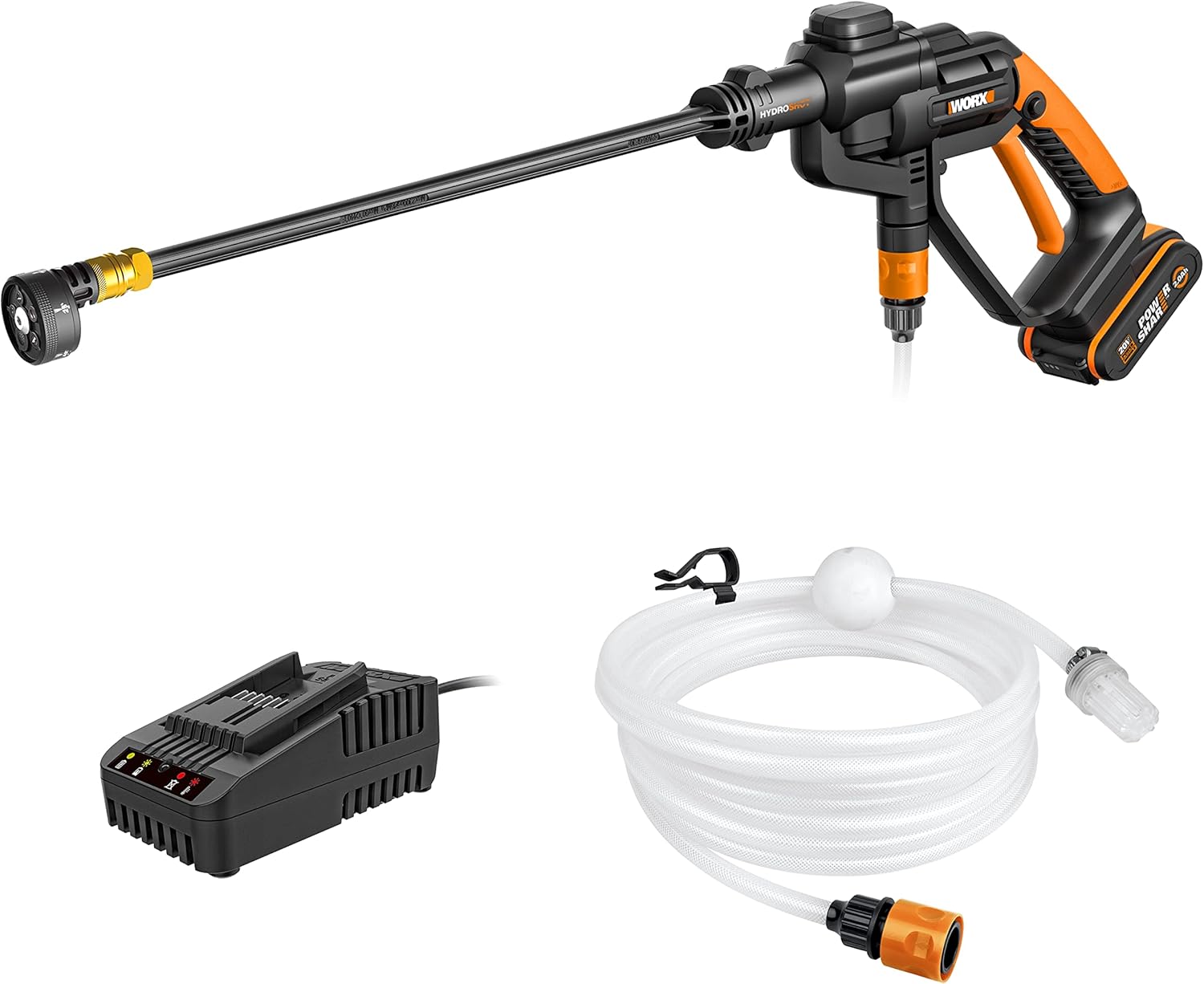 WORX WG620E.2 Akku Hochdruckreiniger Hydroshot 20V – Mobiler Hochdruckreiniger inkl. Multi-Sprühdüse, Waschbürste, Schaumdüse, Flaschenadapter, 6m Schlauch, Ladegerät & 20V Li-Ion Akku