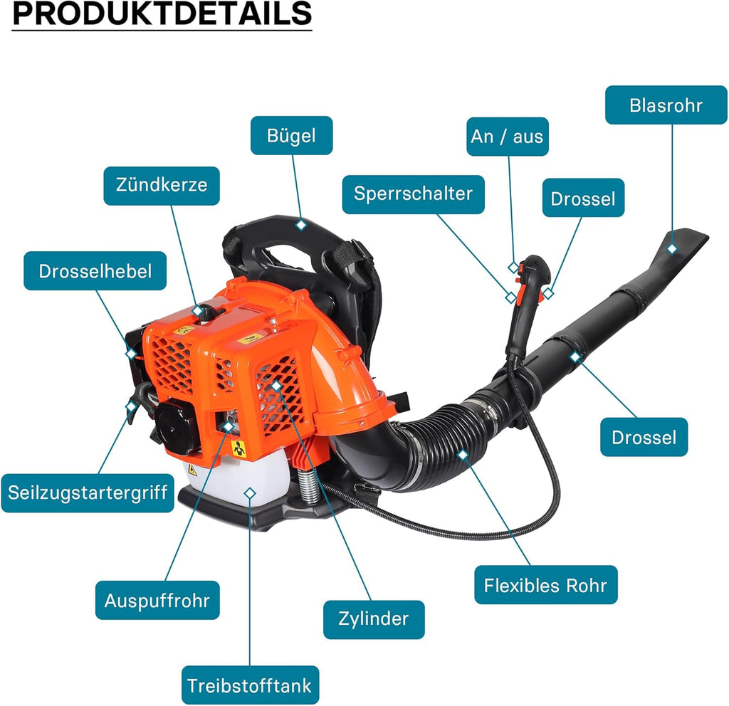 Wiltec 3in1 Laubbläser, Laubsauger u. Laubhäcksler, Laubgebläse 1 PS mit 26ccm, beninbetriebener Laubstaubsauger, Gartenhäcksler mit 50 l Fangsack