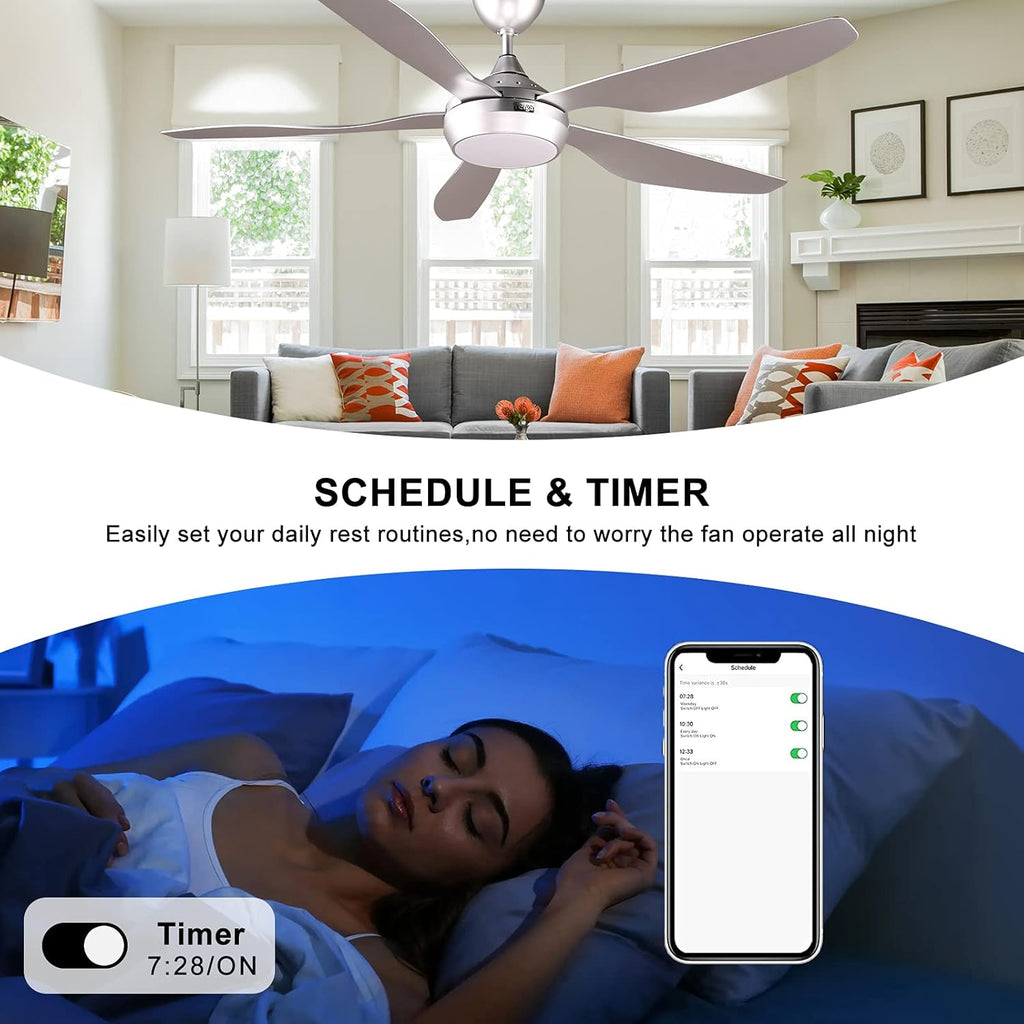 reiga Ventilatore da soffitto WiFi 132 CM con illuminazione a LED dimmerabile e telecomando, 3 temperature di colore, motore DC 6 velocità, compatibile con l'App Alexa Google Home, legno e marrone