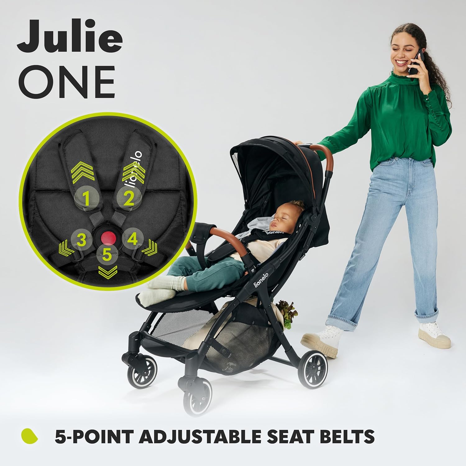 LIONELO Julie One Passeggino da 0 a 22 kg, schienale e poggiagambe regolabili, zanzariera, coprigambe, portabicchieri e borsa da trasporto, pieghevole