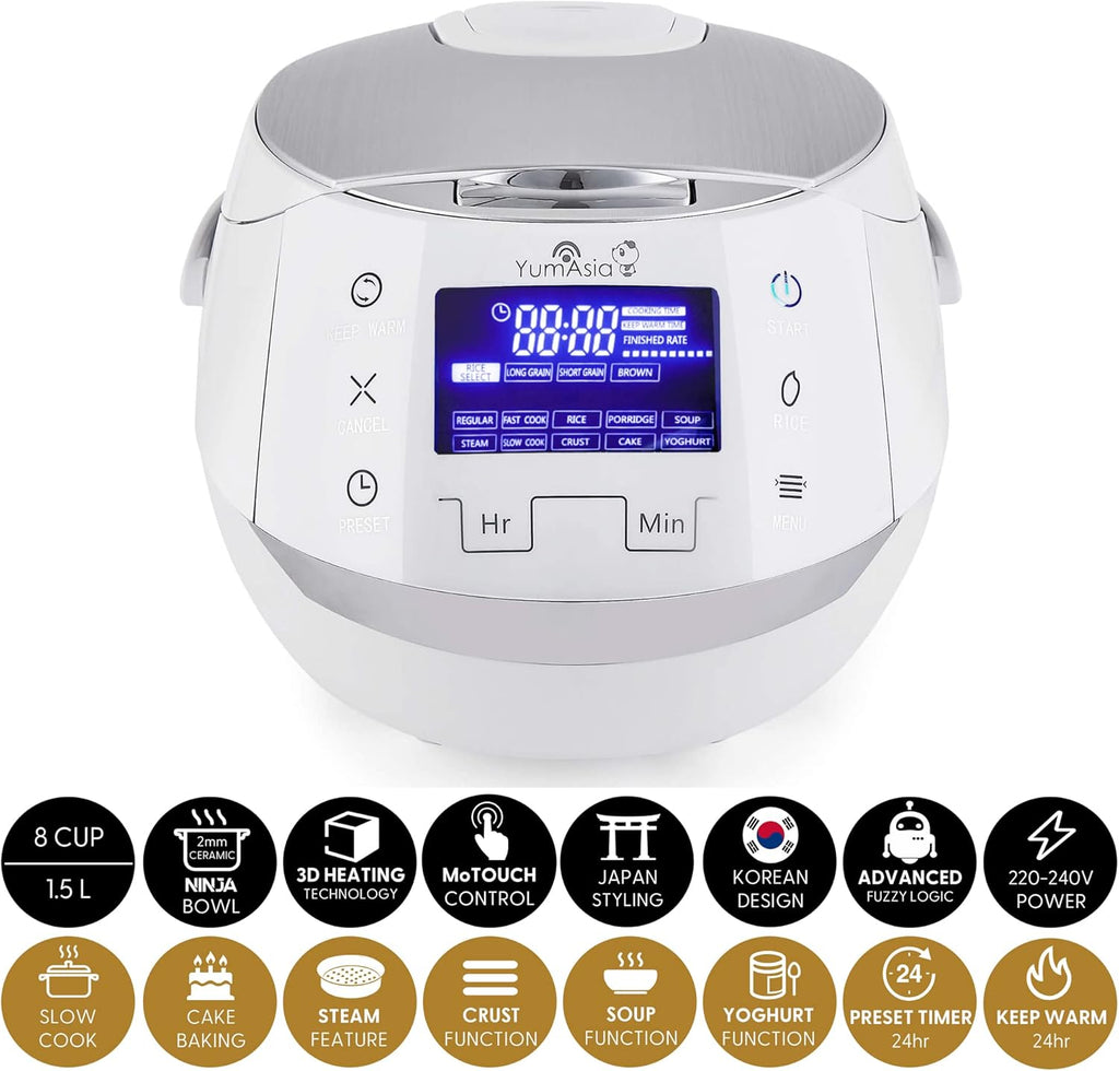 Yum Asia Sakura Cuociriso con Ciotola in Ceramica e Logica Fuzzy Avanzata (8 tazze, 1,5 litri), 6 Funzioni di Cottura Riso, 6 Funzioni Multicooker, Display LED Motouch, 220-240V EU (Nero e Argento)