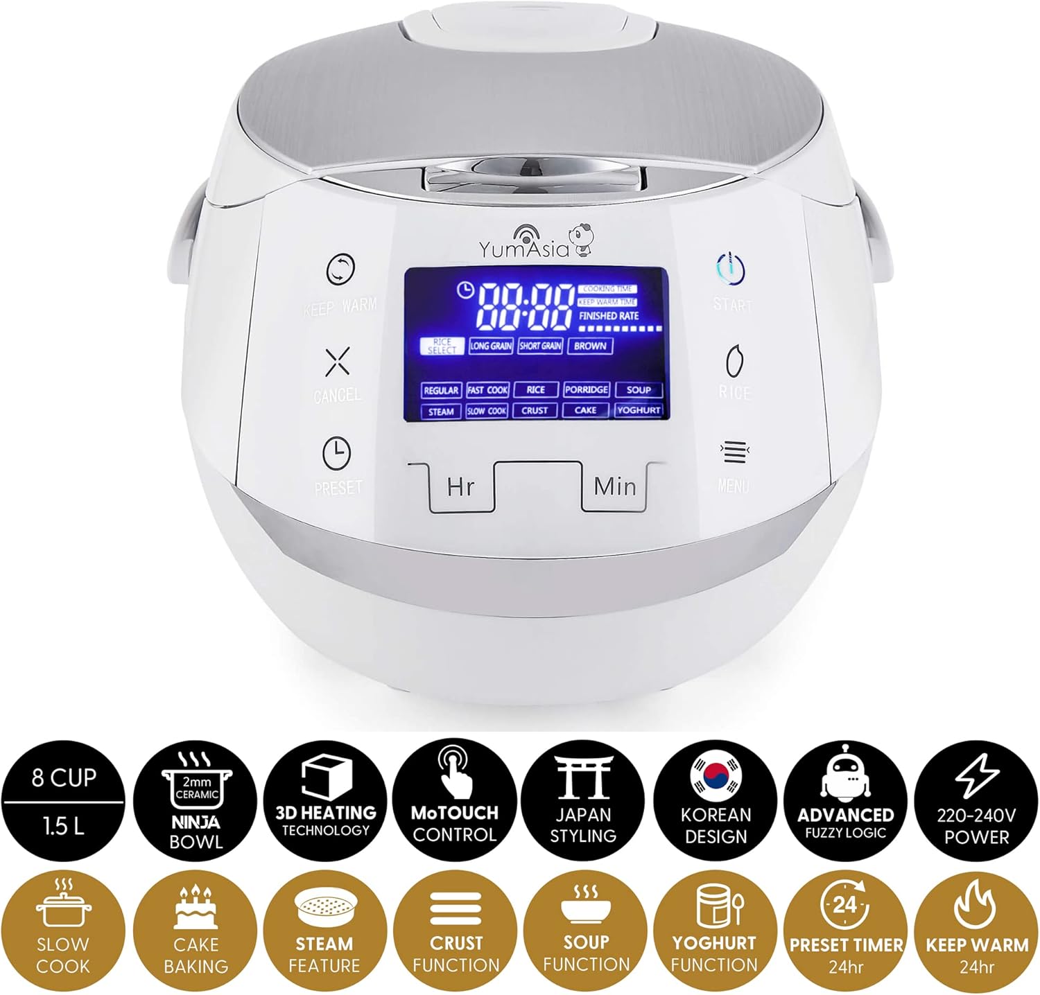 Yum Asia Sakura Cuociriso con Ciotola in Ceramica e Logica Fuzzy Avanzata (8 tazze, 1,5 litri), 6 Funzioni di Cottura Riso, 6 Funzioni Multicooker, Display LED Motouch, 220-240V EU (Nero e Argento)