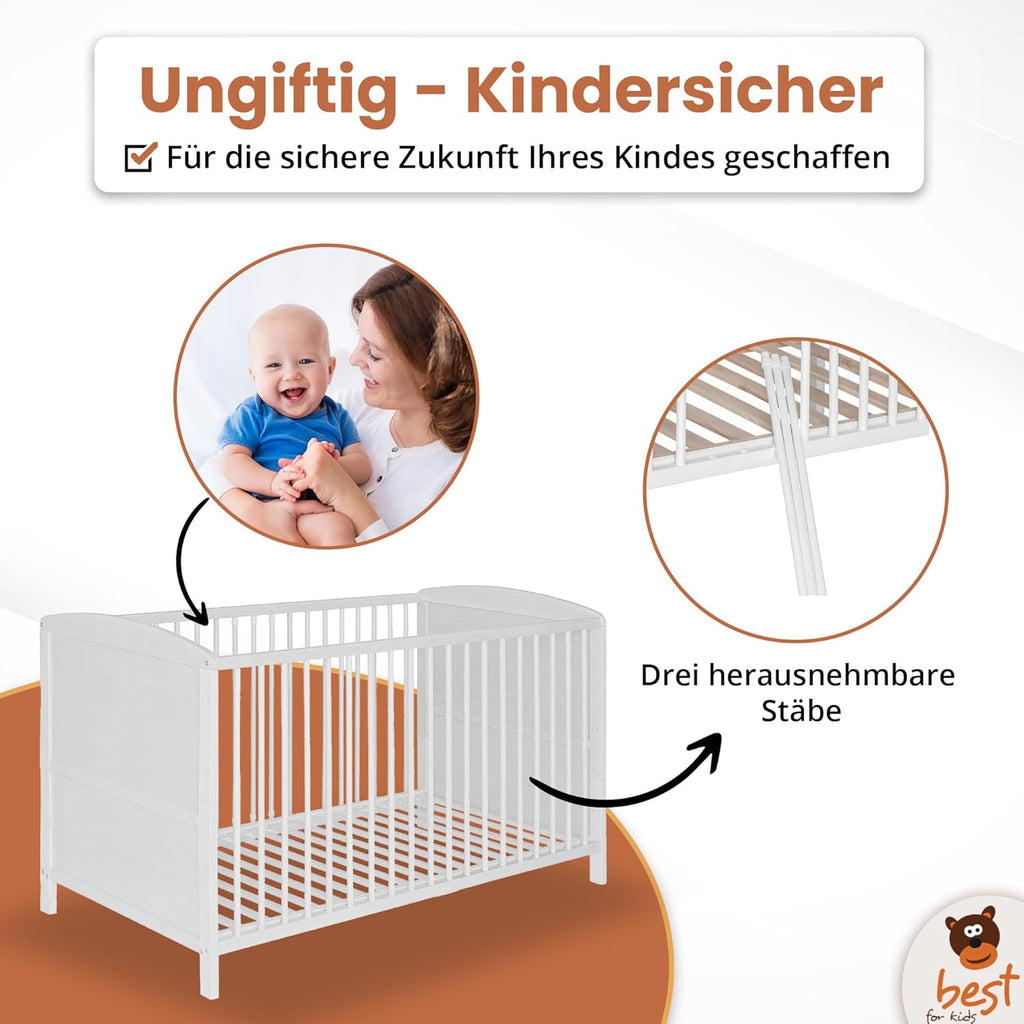 Best for Home - Baby Bett | Babybett 70x140 cm in Weiß und Braunfarbe | Junior Babybett Umbaubar | Cot ohne Matratze | Weiß Komplett Set Bebek Yatagi & Baby Cot | Babybett für Mädchen und Jungen