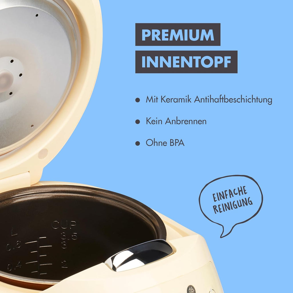 REISHUNGER Cuociriso digitale piccolo, nero | Da 0,6 L fino a 3 persone | Funzione mantenimento calore, timer e pentola premium | Multicooker e vaporiera piccoli, 8 programmi, tecnologia a 7 fasi