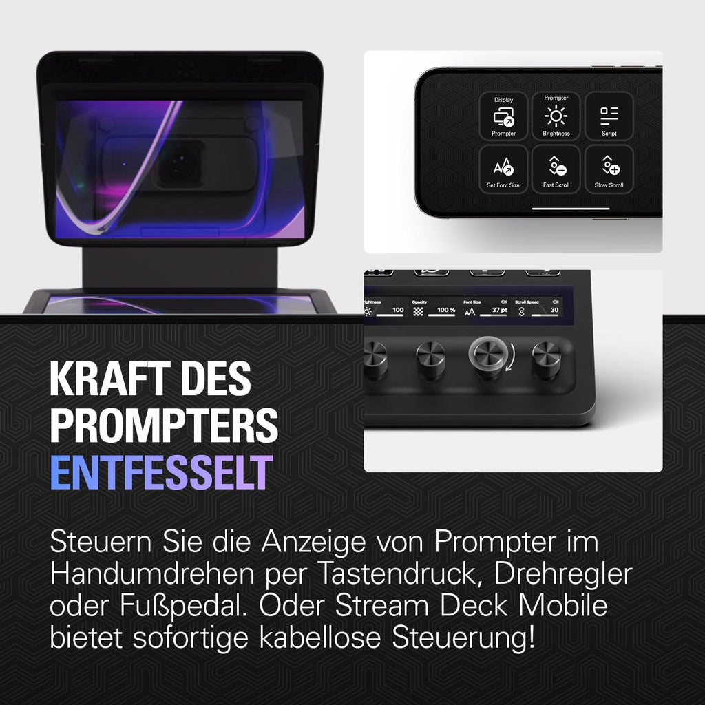 Elgato Prompter – Teleprompter mit integriertem Bildschirm für YouTube, Twitch, Zoom, Teams und mehr, unterstützt DSLR/Webcam/Smartphone, Drag&Drop-Monitoranzeige, funktioniert mit Mac/PC&Stream Deck
