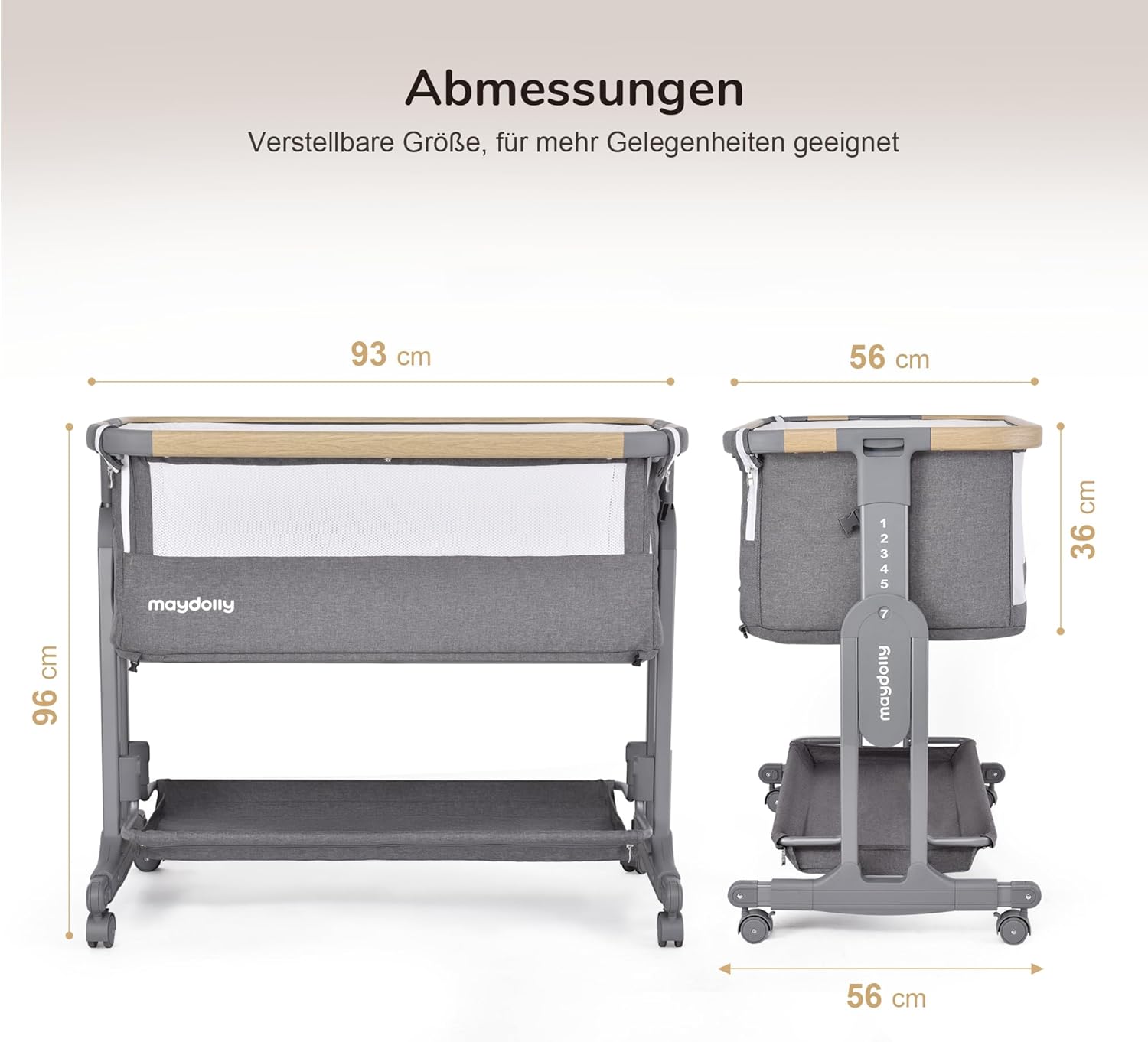 Maydolly Baby Beistellbett,3 in 1 Babybett mit Aufbewahrungskorb, Tragbare Krippe mit Rädern, Höhenverstellbar, Krippe mit Moskitonetz und Matratze für Säuglinge/Neugeborene,Grau