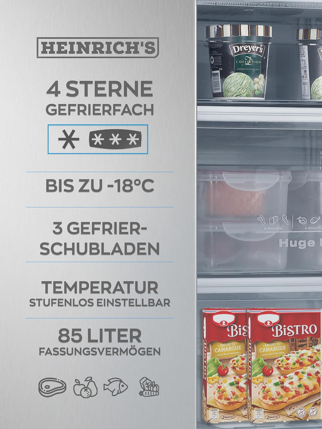 Congelatore Heinrich 61 litri -18°C, 3 cassetti congelatore, regolatore temperatura a 7 livelli, Airflow, porta reversibile, bianco