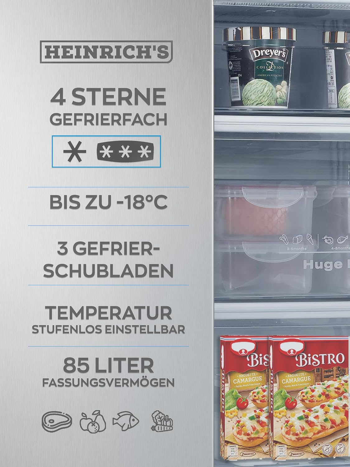 Congelatore Heinrich 61 litri -18°C, 3 cassetti congelatore, regolatore temperatura a 7 livelli, Airflow, porta reversibile, bianco