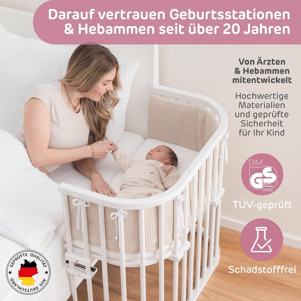 babybay Original Lettino da affiancare in massello di faggio / compatto e trasformabile / Altezza regolabile senza livelli preimpostati ed ecologico / Lettino evolutivo (laccato bianco) / Materasso incluso