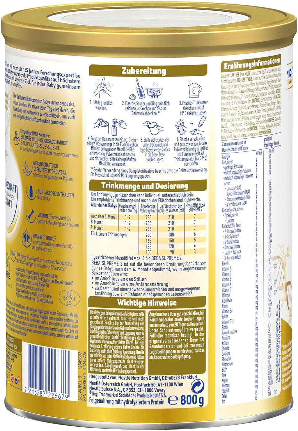 BEBA SUPREME 2 Folgemilch nach dem 6. Monat, Babynahrung mit 6 HMO Komplex, nur Laktose, ohne Palmöl, 6er Pack (12 x 800g)