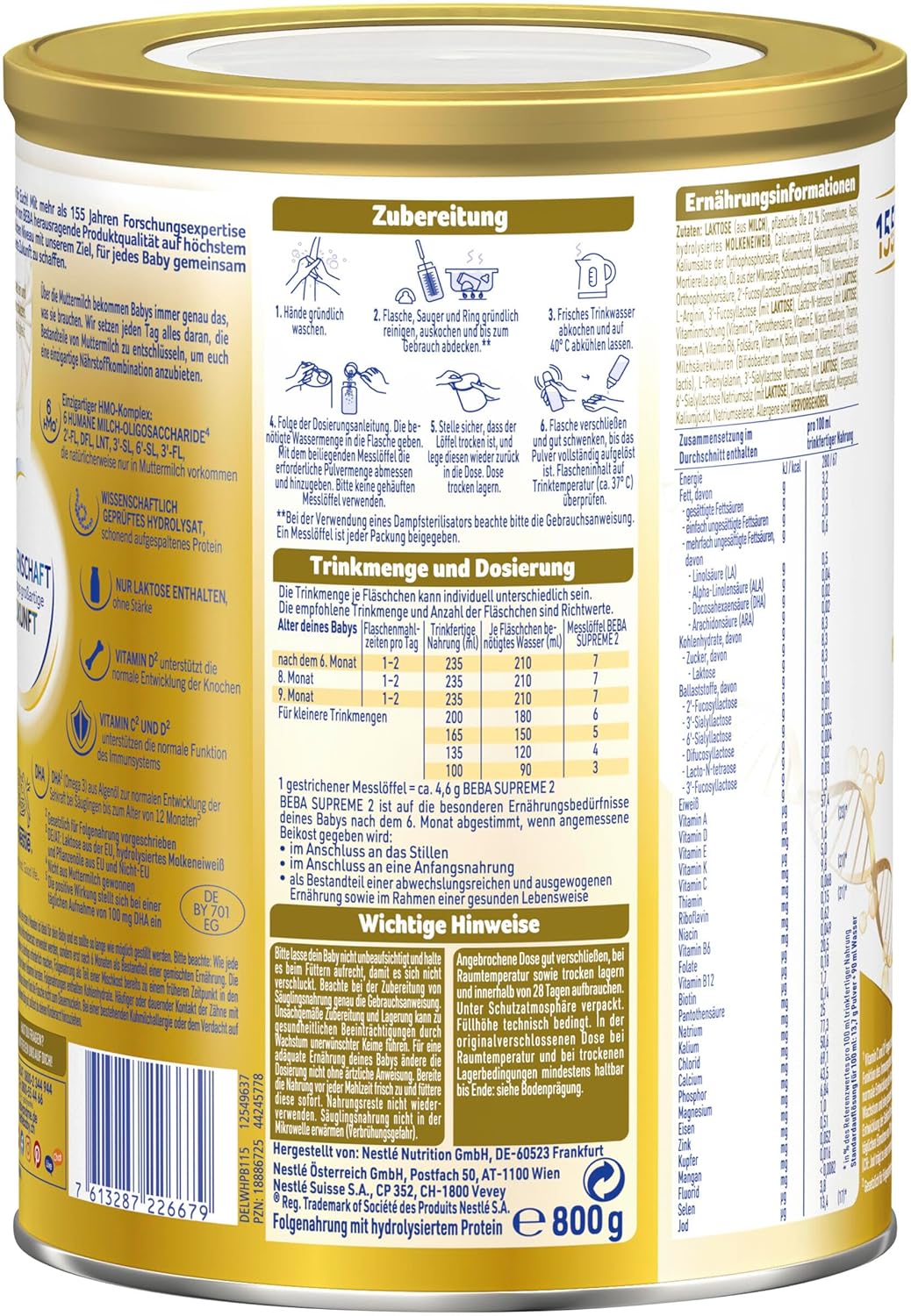 BEBA SUPREME 2 Folgemilch nach dem 6. Monat, Babynahrung mit 6 HMO Komplex, nur Laktose, ohne Palmöl, 6er Pack (12 x 800g)