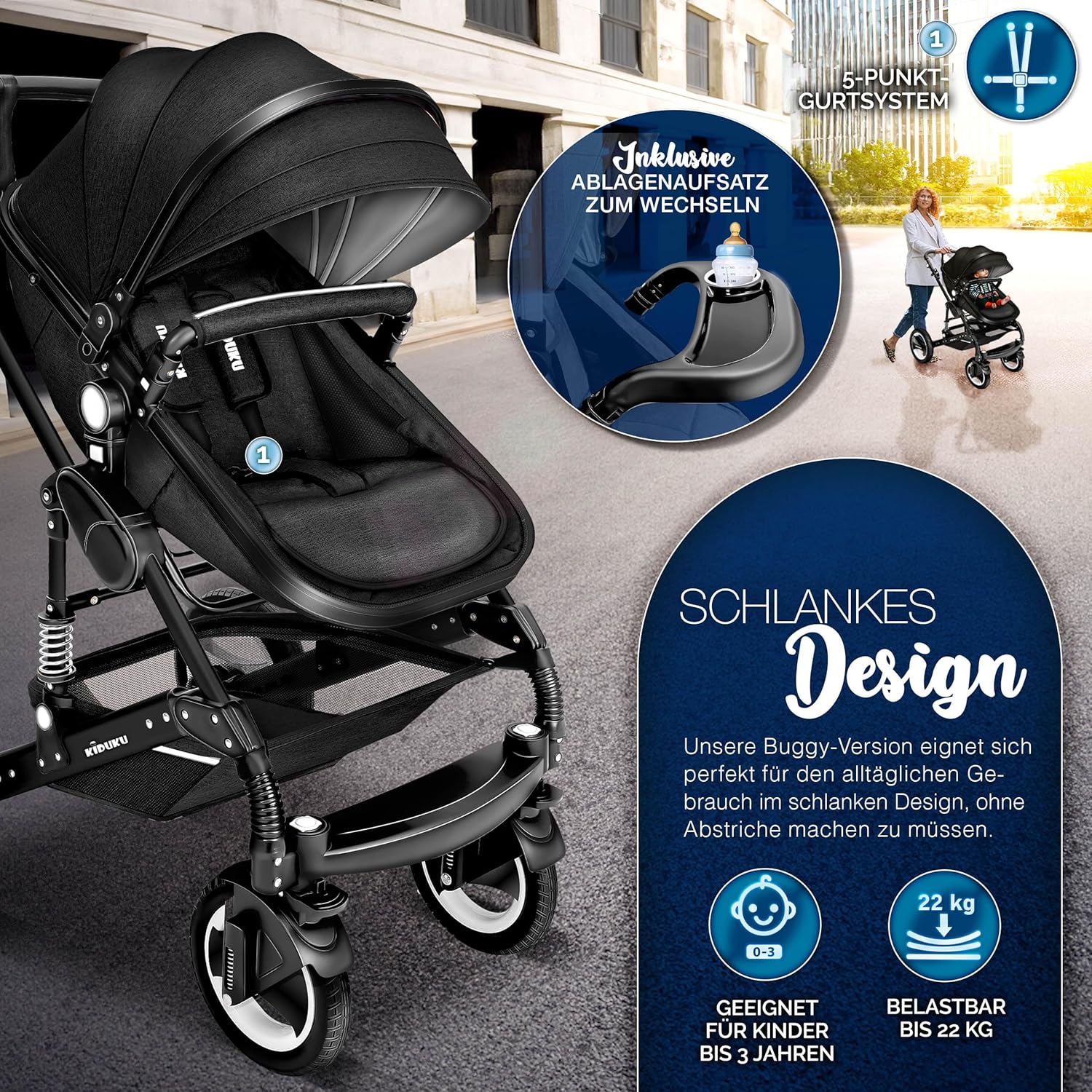 KIDUKU® Set completo passeggino 3 in 1 | Set passeggino combinato con navicella e sedile sportivo passeggino e seggiolino auto ovetto sacco a pelo | Ruote in gomma piena borsa per il cambio scaldamani parapioggia tavolino ECE R129