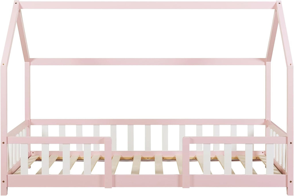 [en.casa] Letto per bambini Sisimiut a capanna 80 x 160 cm con protezione anticaduta letto in legno per bambini letto a terra rete a doghe in legno di pino Bianco opaco