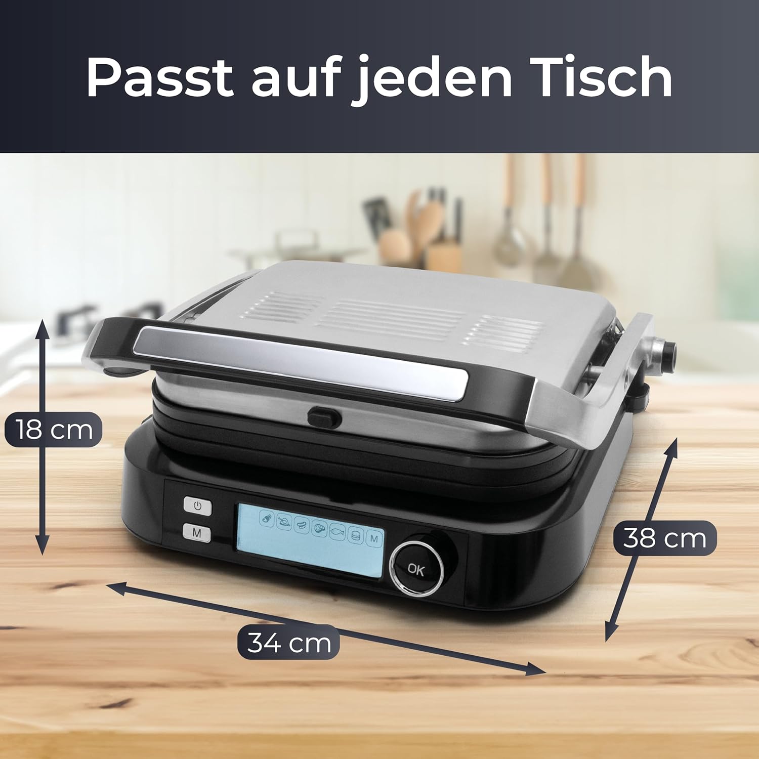 KLAMER Kontaktgrill, 7 Automatikprogramme, abnehmbare Platten, Antihaftbeschichtung, 2100W starker Plattengriller mit Cool-Touch-Griff, Schwarz & Edelstahl