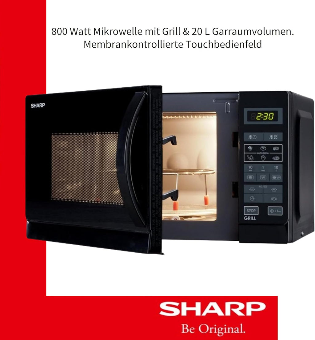 Sharp Libera installazione, R642BKW Forno a microonde 2 in 1 con grill / 20 L / 800 W / Grill al quarzo da 1000 W / 8 programmi automatici / Timer / Blocco bambini / Modalità di risparmio energetico / Piatto girevole in vetro (25,5 cm) / nero