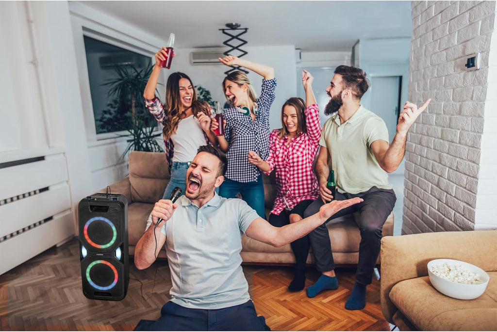 MEDION P61468 Party-Soundsystem (Altoparlante da festa con microfono, Karaoke, Batteria, Radio FM, Bluetooth 5.0, Sistema compatto, 2x 220 Watt, LED colorati, USB, AUX, 2x connettori per microfono)