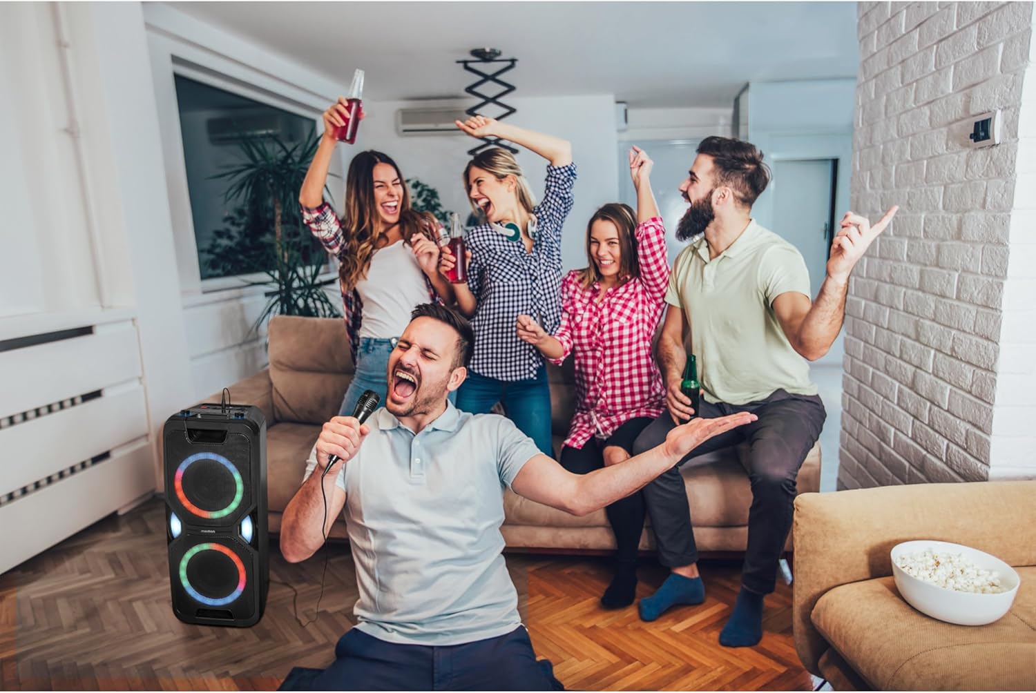 MEDION P61468 Party-Soundsystem (Altoparlante da festa con microfono, Karaoke, Batteria, Radio FM, Bluetooth 5.0, Sistema compatto, 2x 220 Watt, LED colorati, USB, AUX, 2x connettori per microfono)