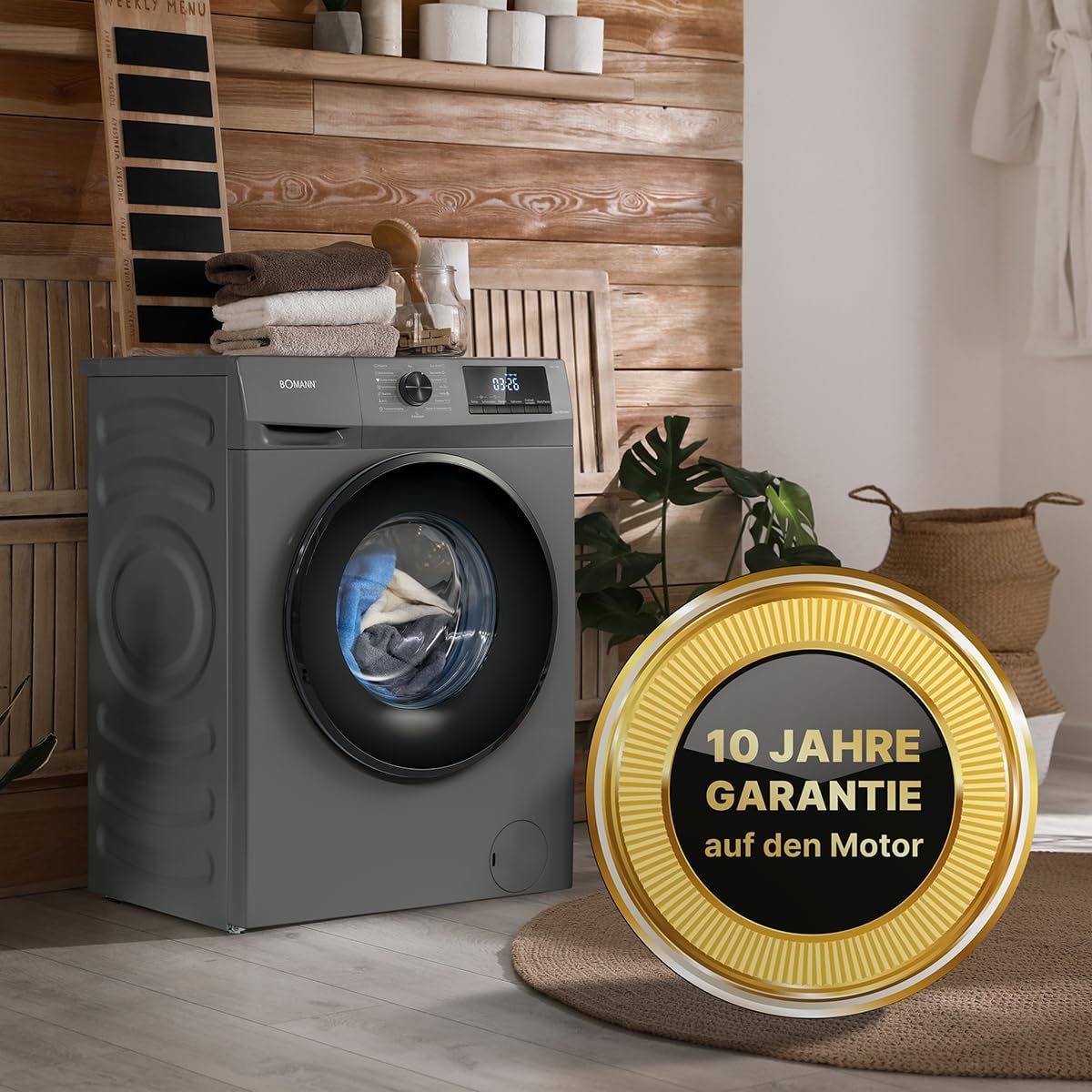 Bomann® Lavatrice 8kg | max. 1400 giri/min | 10 anni di garanzia sul motore | motore inverter robusto, silenzioso e durevole | 15 programmi di lavaggio | display LED | con funzione vapore | WA 7185 Titan - Nero