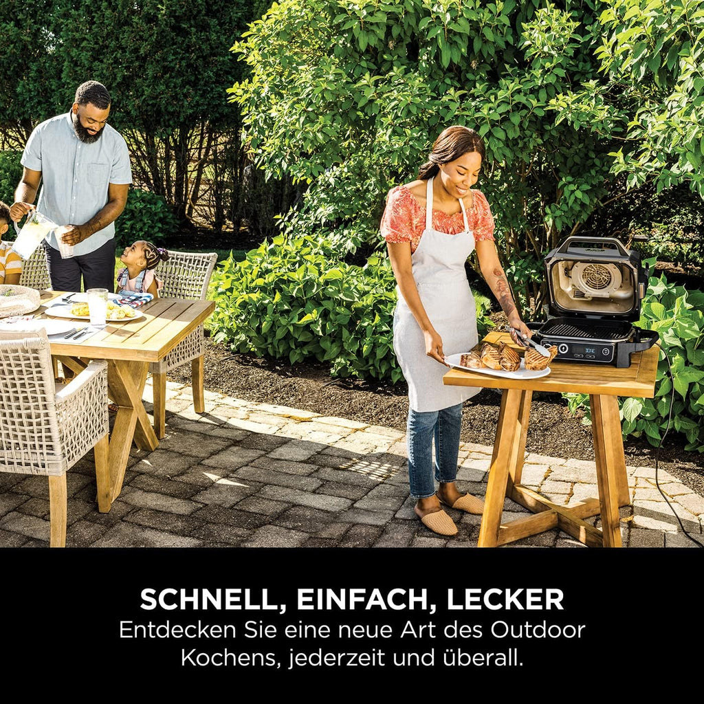 Ninja Woodfire BBQ elettrico e affumicatore e friggitrice ad aria, grill da esterno 7 in 1, friggitrice ad aria, affumicatore, arrostitore, forno e altro ancora, resistente alle intemperie, antiaderente, portatile, elettrico, grigio/nero OG701EU