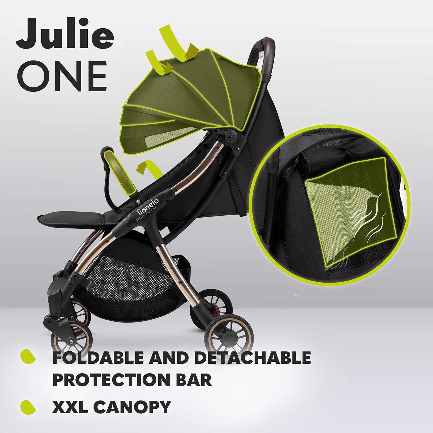 LIONELO Julie One Passeggino da 0 a 22 kg, schienale e poggiagambe regolabili, zanzariera, coprigambe, portabicchieri e borsa da trasporto, pieghevole
