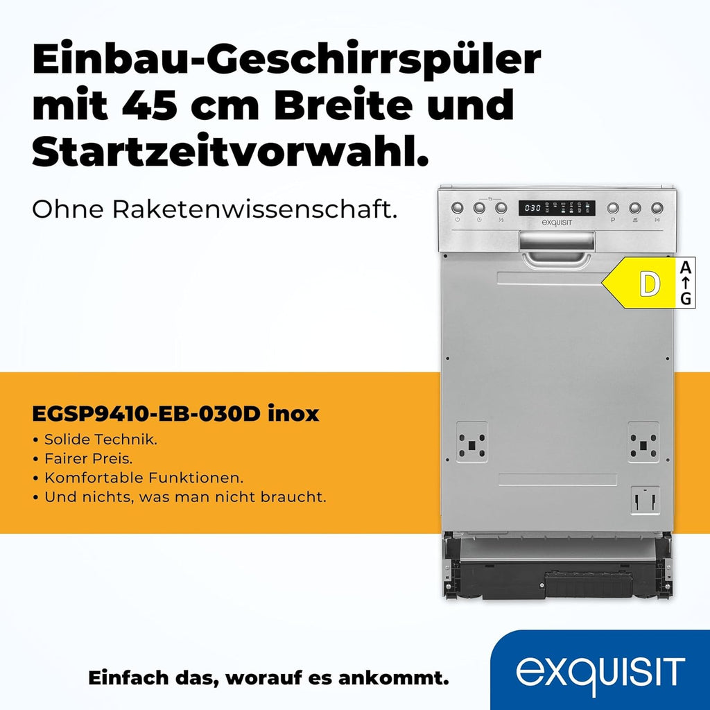 Lavastoviglie Exquisit, 45 cm di larghezza, parzialmente integrata, 9 coperti, 9 litri, partenza ritardata, modalità ECO, lavastoviglie 45 cm, EGSP51009-EB-030E inox