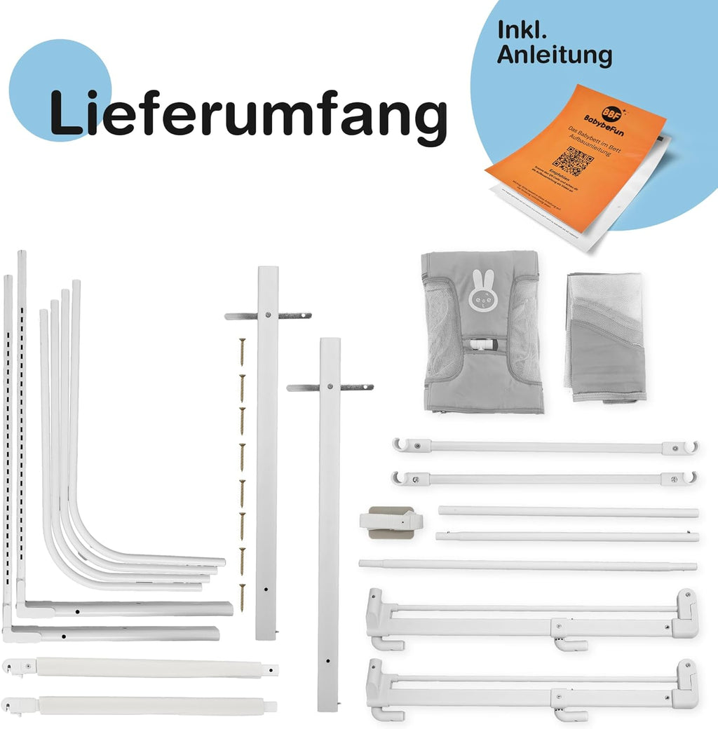 BabybeFun Beistellbett Baby [Stillen im eigenen Elternbett] Babybett für Boxspringbett und normales Bett mit Überrollschutz [Extra Sicher] Rausfallschutz Bett | Kinderbett Alternative