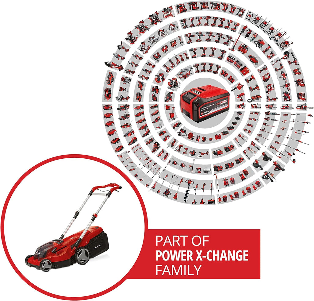 Einhell Rasaerba a batteria RASARRO 36/38 Kit Power X-Change (36 V, 38 cm larghezza taglio, 450 m, senza spazzole, funzione mulching, sacco di raccolta 45L, incl. 2 batterie da 4,0 Ah + caricatore doppio)