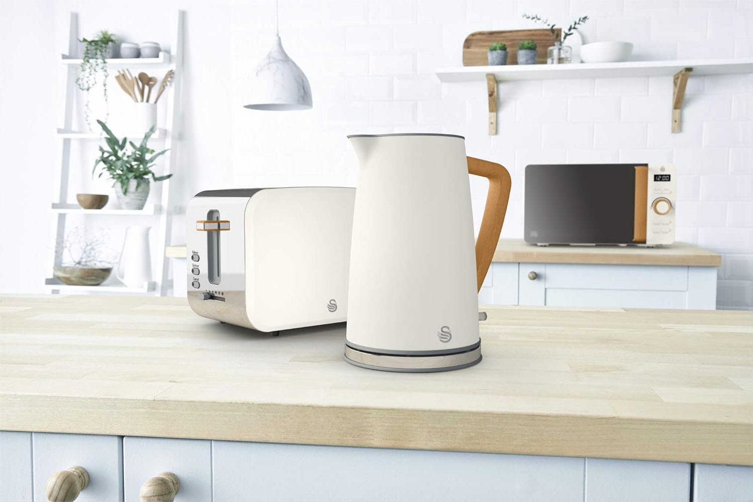 Forno a microonde digitale Swan Nordic da 20 L, 6 livelli di potenza, 800 W, timer da 30 minuti, facile da pulire, modalità scongelamento, design moderno, maniglia effetto legno, bianco opaco