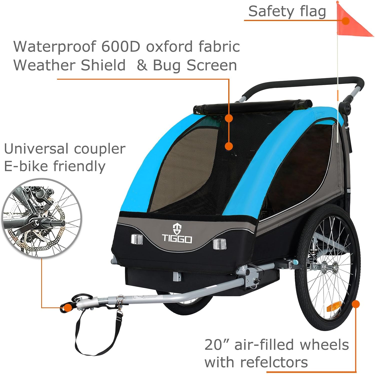 Tiggo S2 Rimorchio per Bambini con Sospensioni Jogger 2 in 1 Passeggino Bicicletta Rimorchio Girevole a 360°