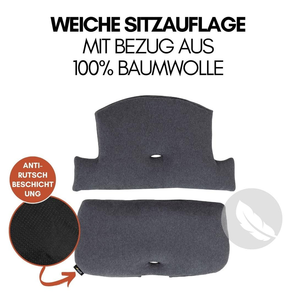 hauck Alpha Plus Newborn Set mit Premium Bouncer Dark Grey - Baby Holz Hochstuhl ab Geburt mit Liegefunktion - extra flacher Aufsatz für Neugeborene & Baumwoll Sitzpolster - Grau