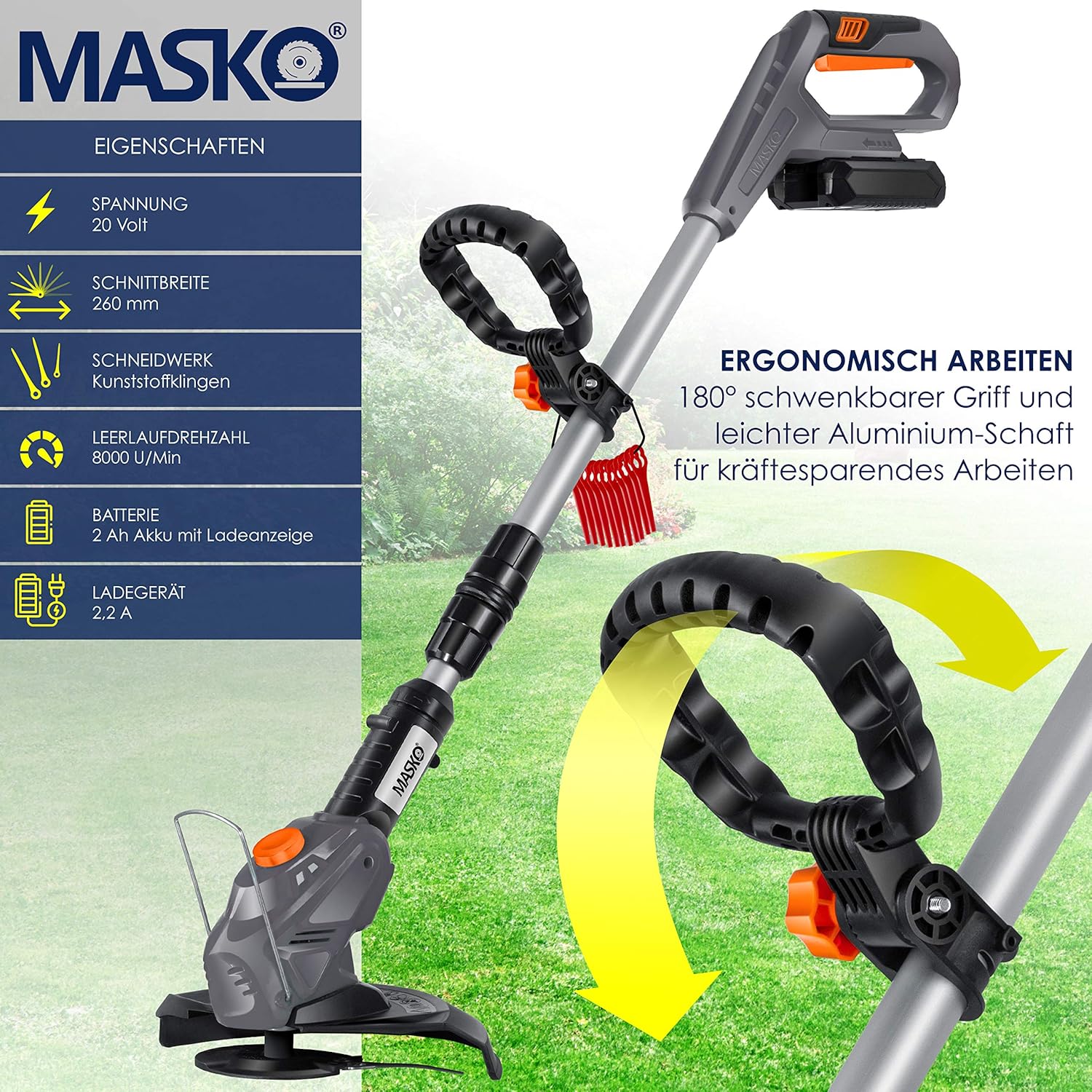 MASKO Decespugliatore a batteria con batteria al litio da 20 V, batteria da 2,0 Ah e caricabatterie, larghezza di taglio 26 cm, angolo di taglio 180°, manico telescopico e impugnatura aggiuntiva, incl. 20 lame in plastica, grigio