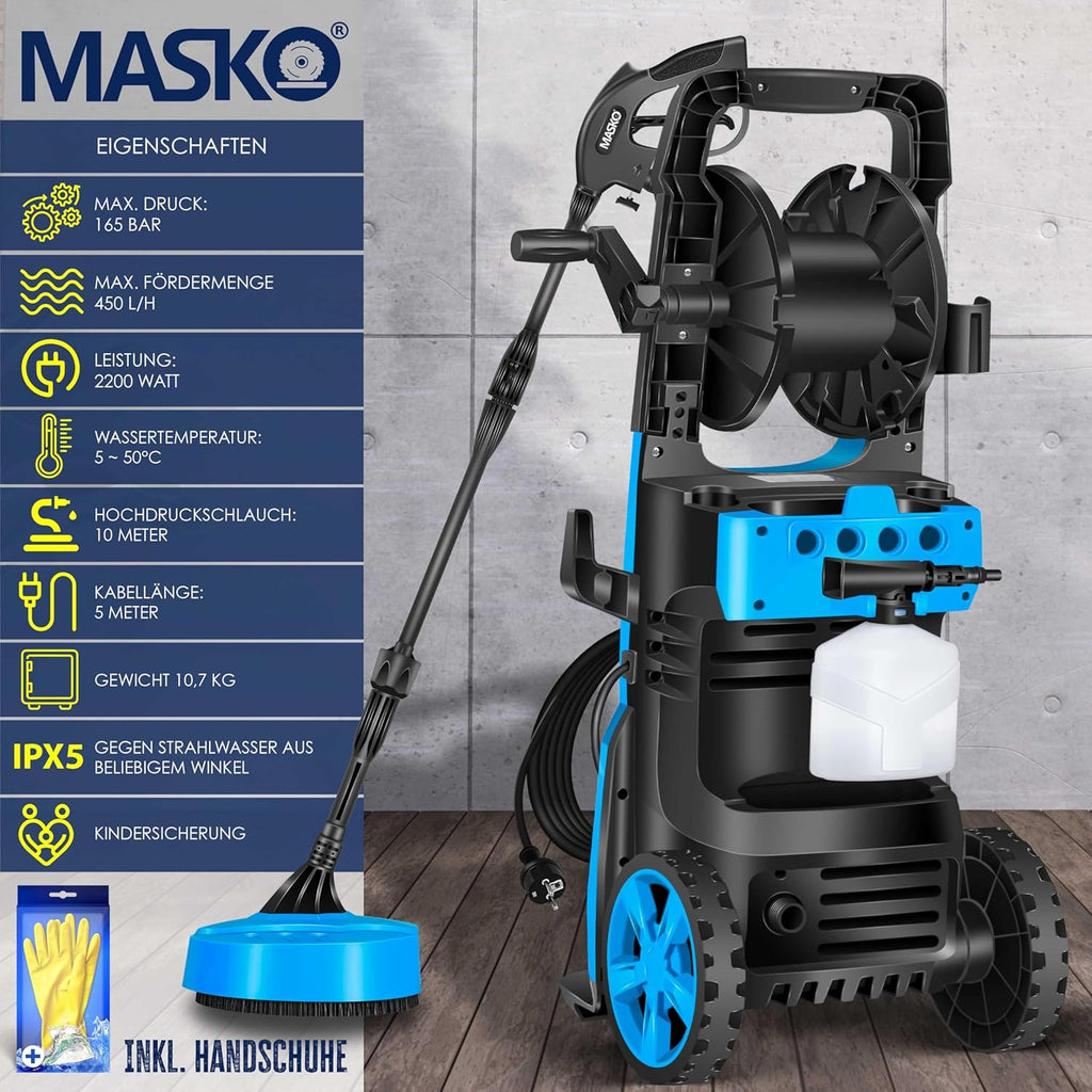MASKO® Idropulitrice 2200 Watt 165 bar 450 l/h, con avvolgitubo 10m, set accessori 9 pezzi, con serbatoio per sapone e ugello schiumogeno, pistola ad alta pressione per auto/recinzioni/giardino/pati (Grigio)