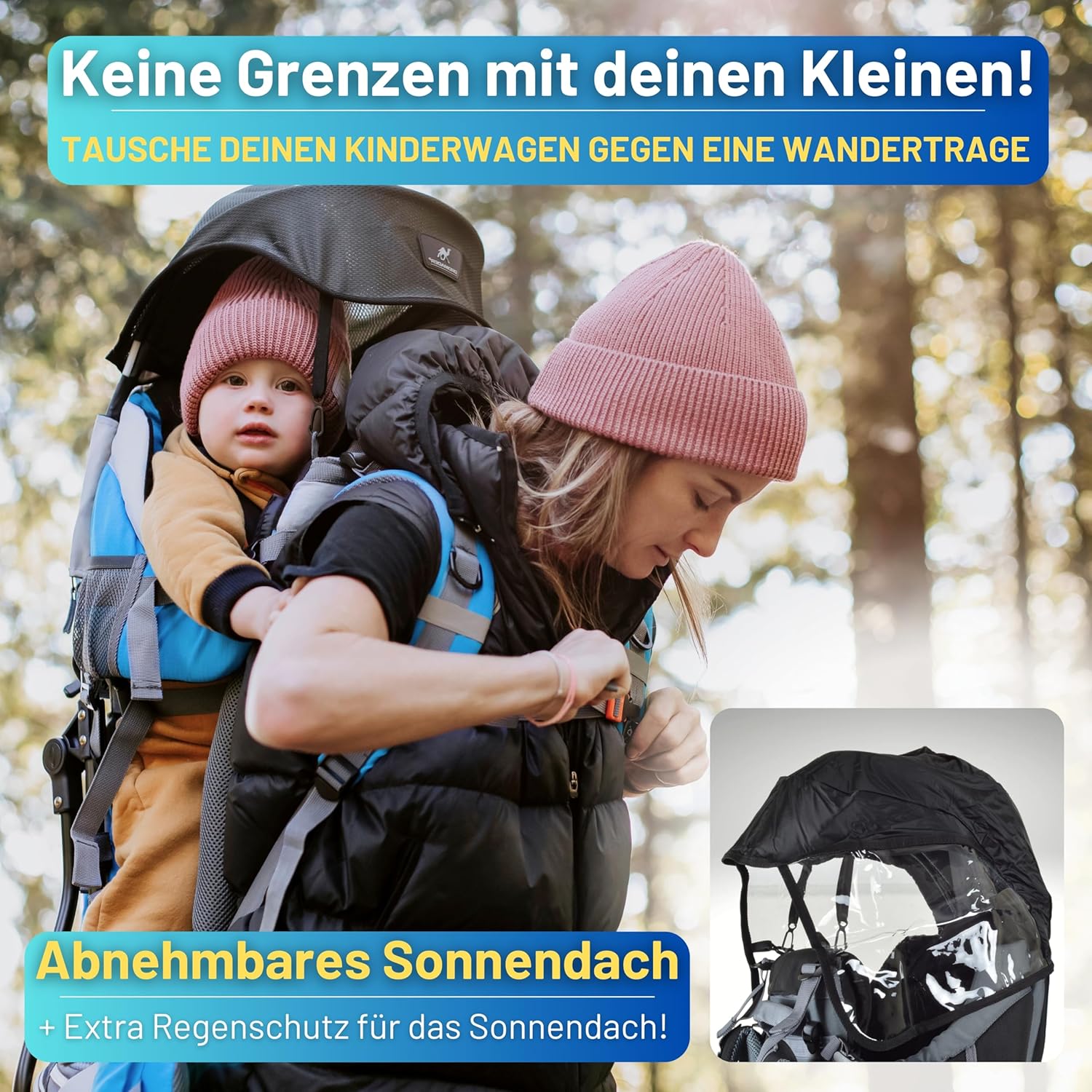 Dromader Kraxe Kindertrage bis 22kg – Kindertrage Wandern mit Sonnendach, Regenschutz, Thermotasche, Wickelmatte – Einhändig klappbare Rahmen – Blau