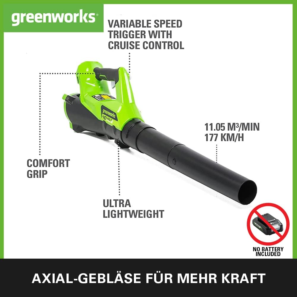 Greenworks G40ABK2 Axial Laubblser mit Tempomat, 177 km/h, 11,05 m/min, 40V 2Ah Batterie & Ladegert, 3 Jahre Garantie