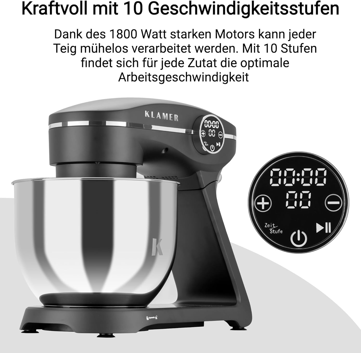 Impastatrice Planetaria KLAMER 1800W, con Ciotola in Acciaio Inossidabile da 6 Litri, 10 Velocità con Timer, Frusta a Filo, Gancio Impastatore, Frusta Piatta e Paraspruzzi