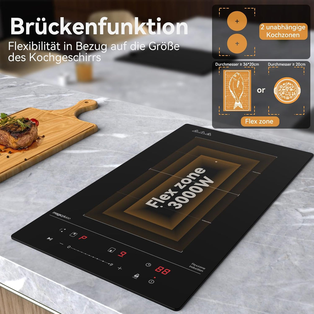Piano cottura a induzione magicplux 60 cm, 4 zone di cottura a induzione con due zone flessibili, 9 livelli di potenza e funzione booster, timer 1-99 minuti, 7200 W
