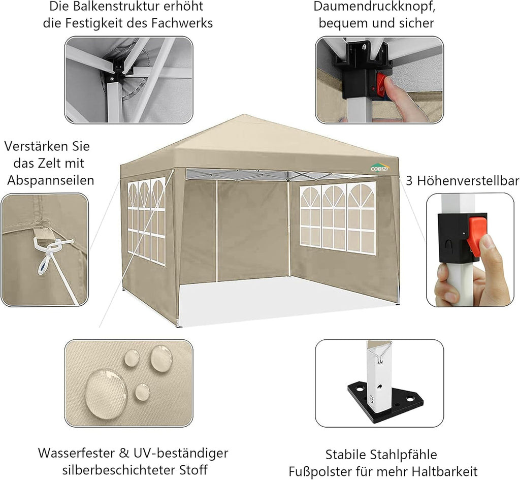COBIZI Gazebo Pieghevole 3x6 Impermeabile Stabile con 6 Pareti Laterali, Tenda a Padiglione con Tetto a Punta, 3 Altezze Regolabili, Protezione UV, Borsa per Il Trasporto, Picchetti, Corde per Giardino, Matrimoni, Mercati, Eventi all'Aperto