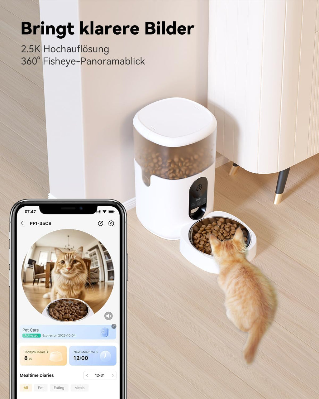 Imou Mangiatoia Automatica per Gatti da 4L con Fotocamera 4MP e 360°, Dispenser Automatico per Gatti/Cani con Sensore di Basso Livello di Cibo e Blocco, Rilevamento di Movimento e Animali Domestici, 1-15 Pasti/Giorno