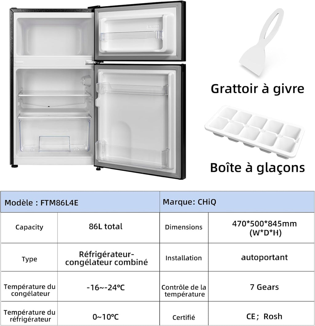 CHIQ CTT107BC Frigorifero Piccolo 107 Litri, Altezza 84 cm, Profondità 55 cm, Ingombro di soli 0,3 ㎡, Micro-Congelatore, Vario Box, 7 Livelli di Controllo della Temperatura, Silenzioso, 87 kWh/anno, Nero