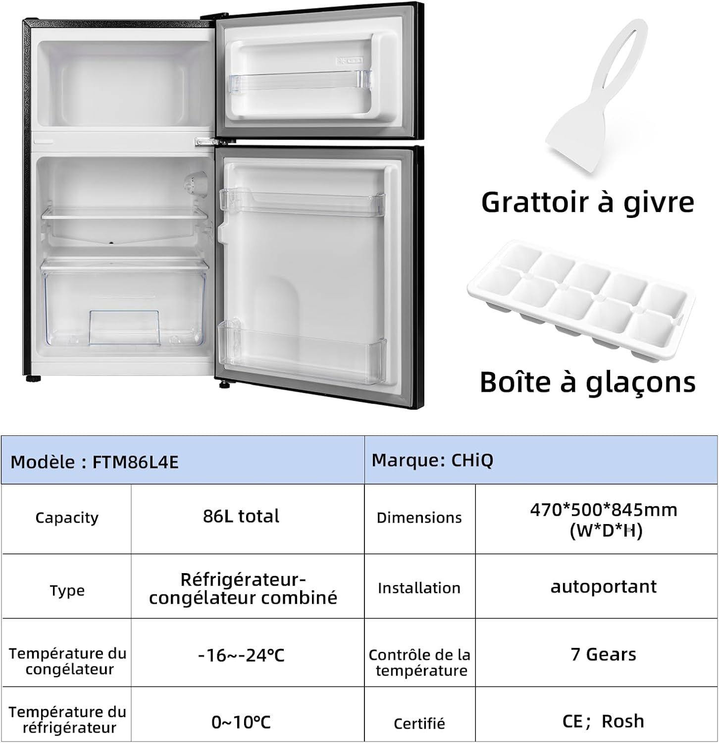 CHIQ CTT107BC Frigorifero Piccolo 107 Litri, Altezza 84 cm, Profondità 55 cm, Ingombro di soli 0,3 ㎡, Micro-Congelatore, Vario Box, 7 Livelli di Controllo della Temperatura, Silenzioso, 87 kWh/anno, Nero