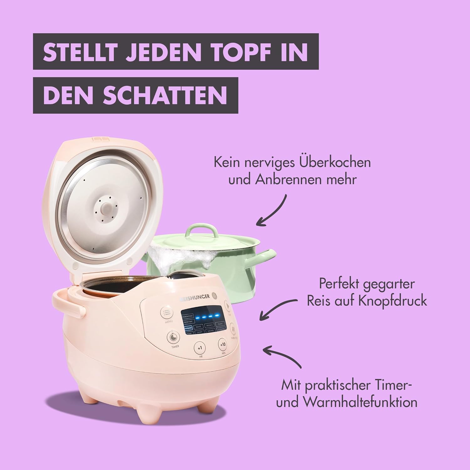 REISHUNGER Cuociriso digitale piccolo, nero | Da 0,6 L fino a 3 persone | Funzione mantenimento calore, timer e pentola premium | Multicooker e vaporiera piccoli, 8 programmi, tecnologia a 7 fasi