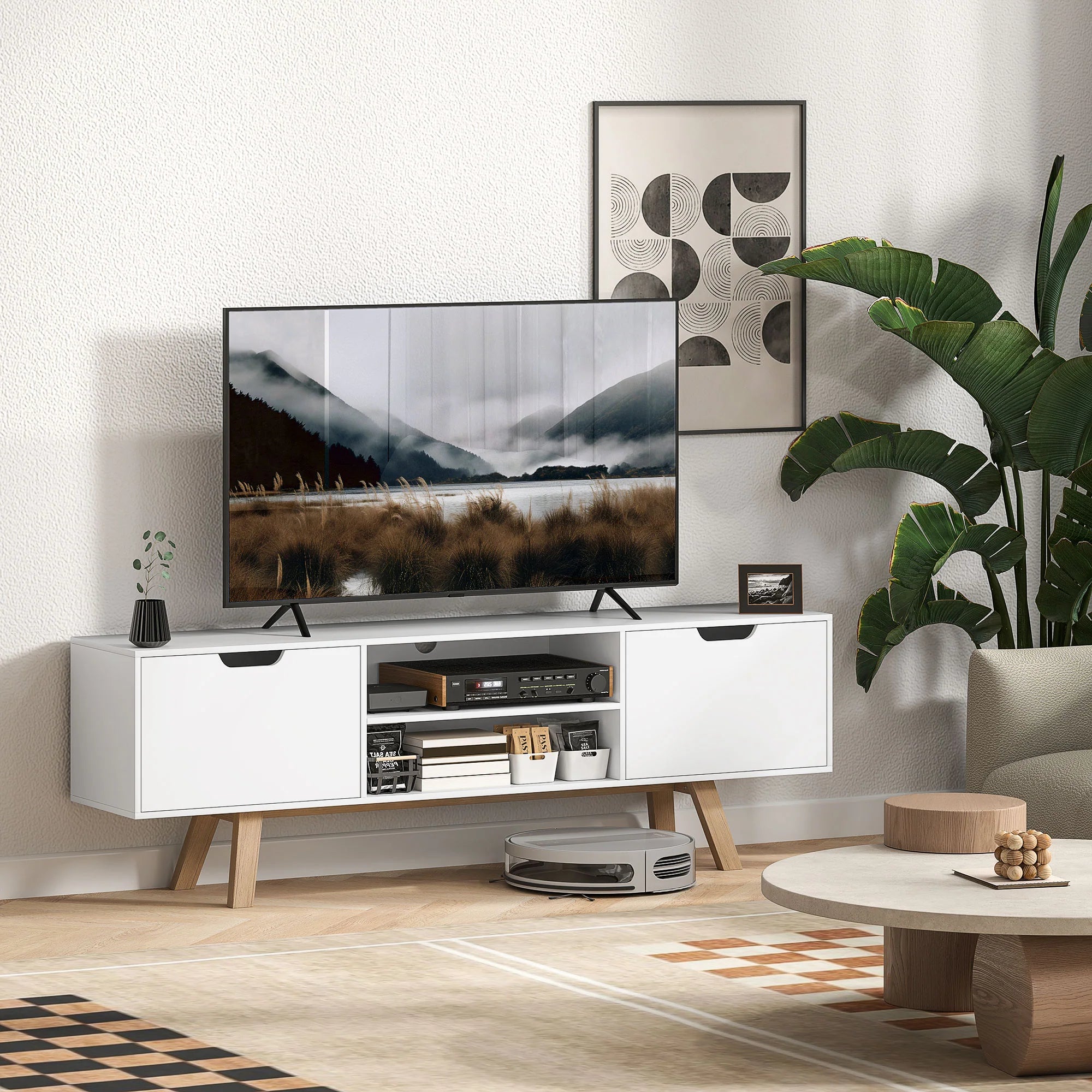 HOMCOM Mobile TV con Passacavi e 2 Armadietti, Bianco, 65 Pollici