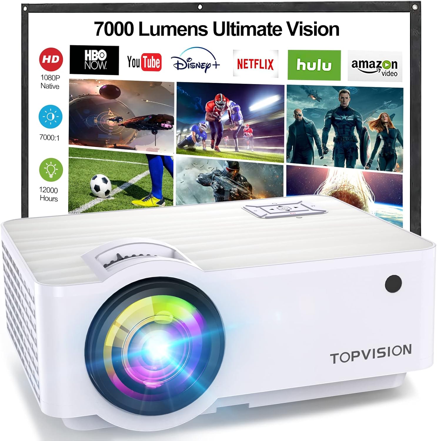 Beamer, Mini Beamer 4K Bluetooth 5.1 Tragbar Heimkino Multimedia Projector 10000Lux Mit 100'' Bildschirm, Kompatibel mit HDMI USB AV, phones,Laptops,TV Stick,PS5